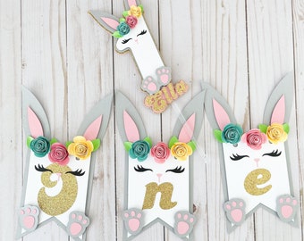 Easter 1st birthday decorations, First Easter High Chair Banner and custom cake topper, Floral Bunny Banner.