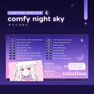 May include: A purple and pink illustrated template for a subathon with a cartoon character in the corner. The template includes a list of incentives for viewers, such as scuffy doodles, writing their name on the streamer's body, and getting a skeb together. The template also includes a timer for the subathon, with different tiers for viewers to earn extra time. The text "subathon" is written in a large, bold font at the bottom of the template.