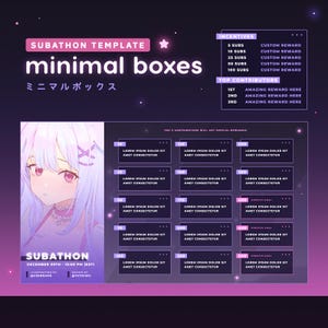 May include: A digital template for a Subathon, featuring a purple and pink color scheme. The design includes the text "minimal boxes" and Japanese characters. It lists incentives, top contributors, and various contribution levels with placeholder text.