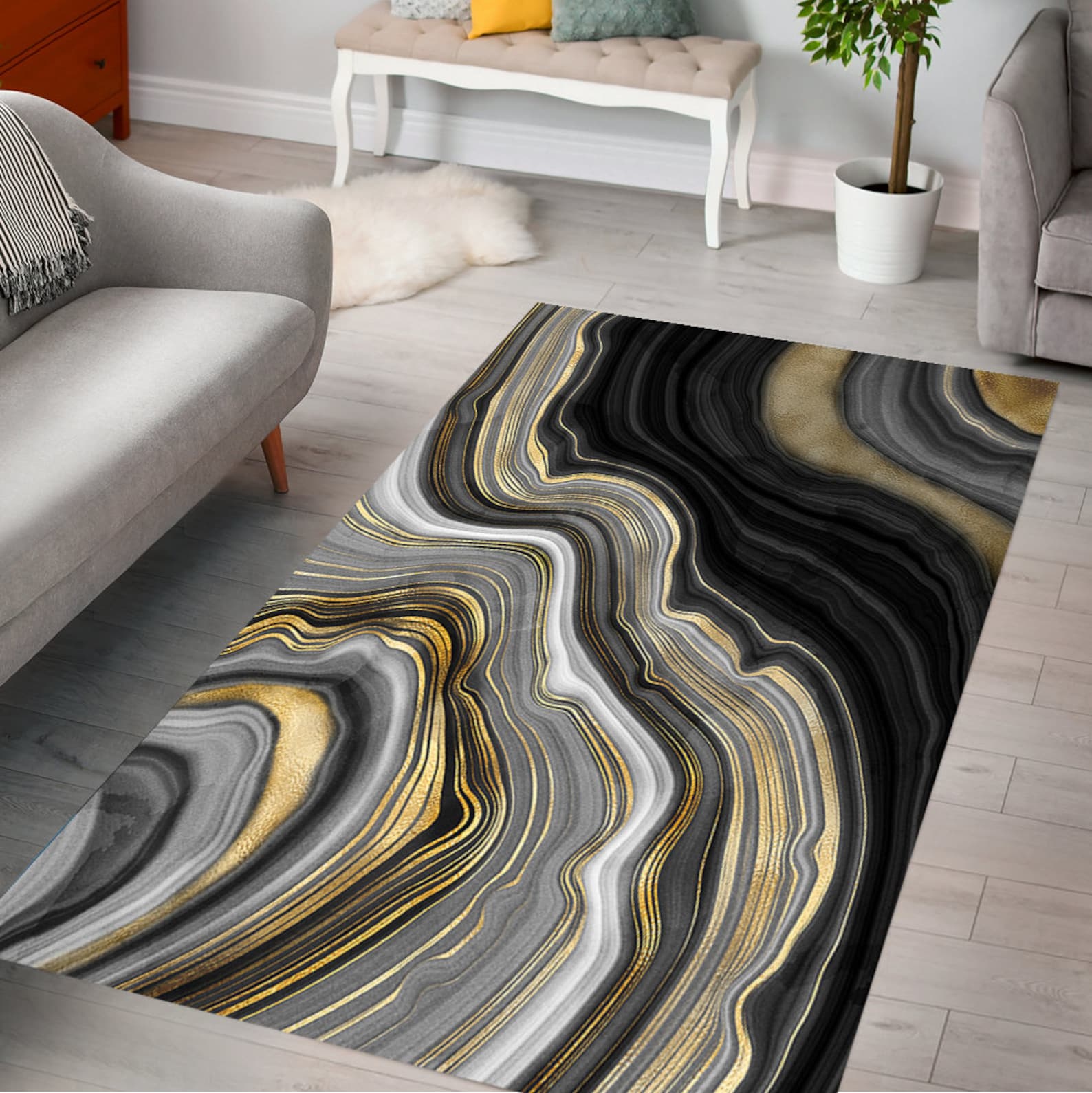 Golden Look Black Marble Area Rug Abstract Floor Mat Home Etsy
