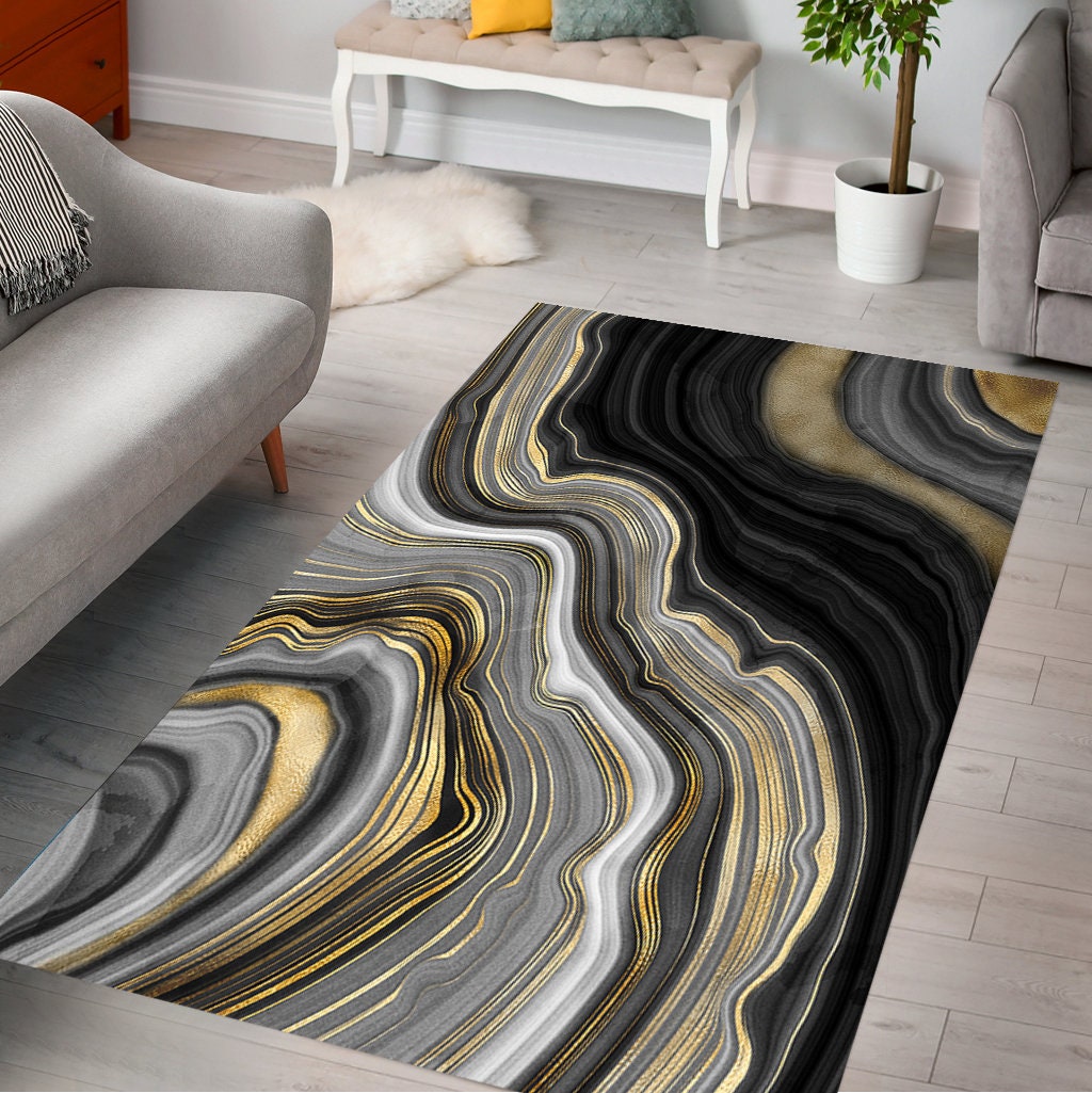 Golden Look Black Marble Area Rug Abstract Floor Mat Home Etsy