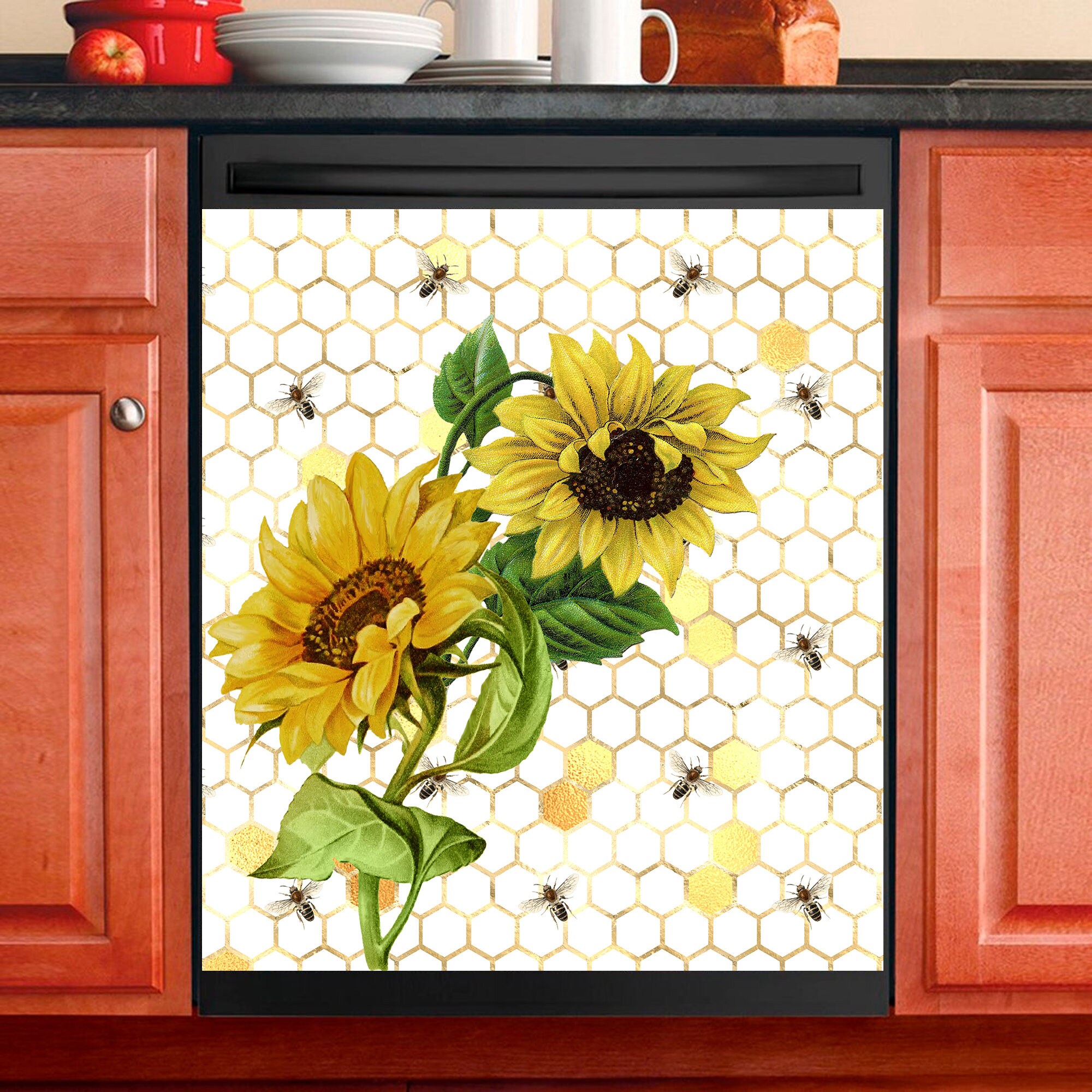 sunflower and bee Magnet Dishwasher Cover, Honeycomb Kitchen Decor