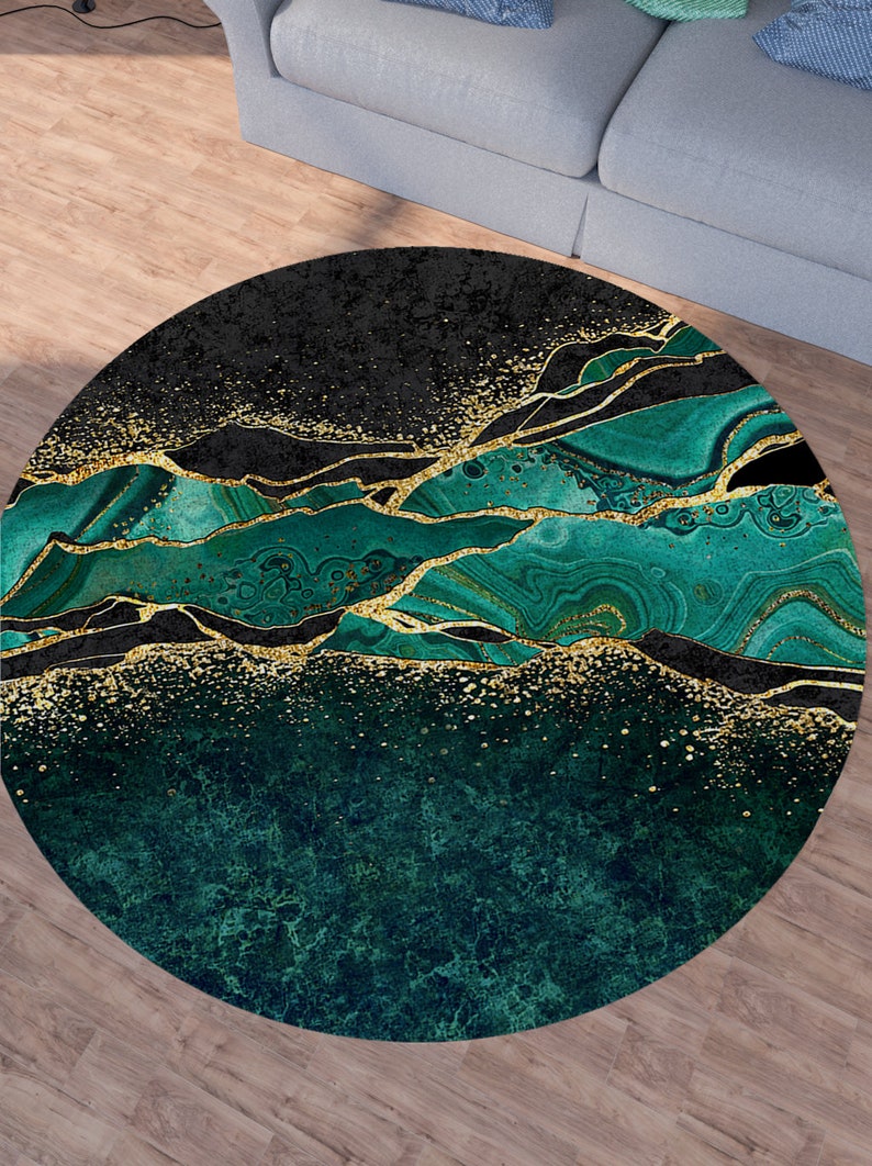 Emerald Green With Gold Marble Area Round Rug Abstract Circle Etsy
