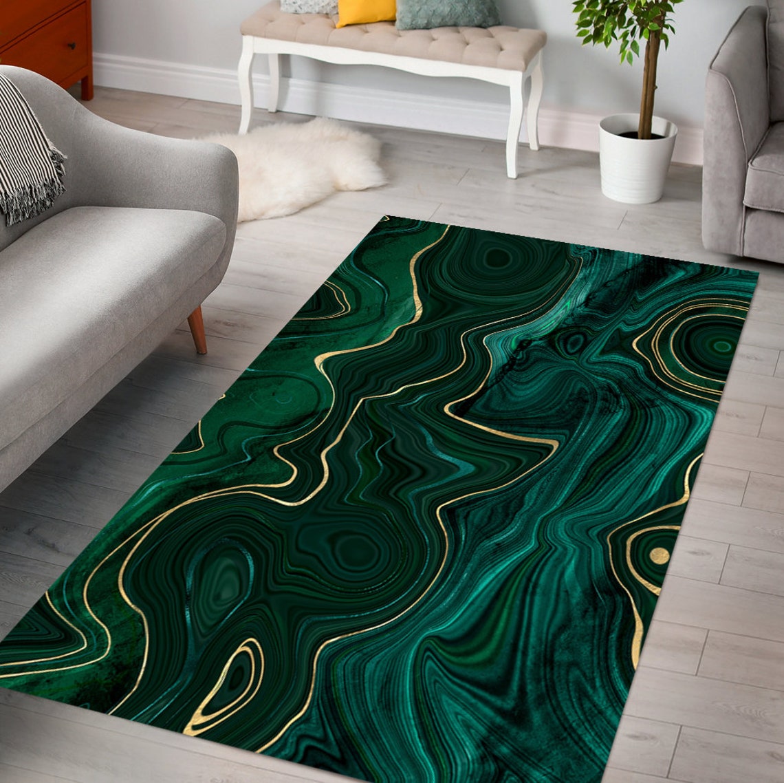 Emerald Green With Gold Marble Area Rug Abstract Floor Mat Etsy