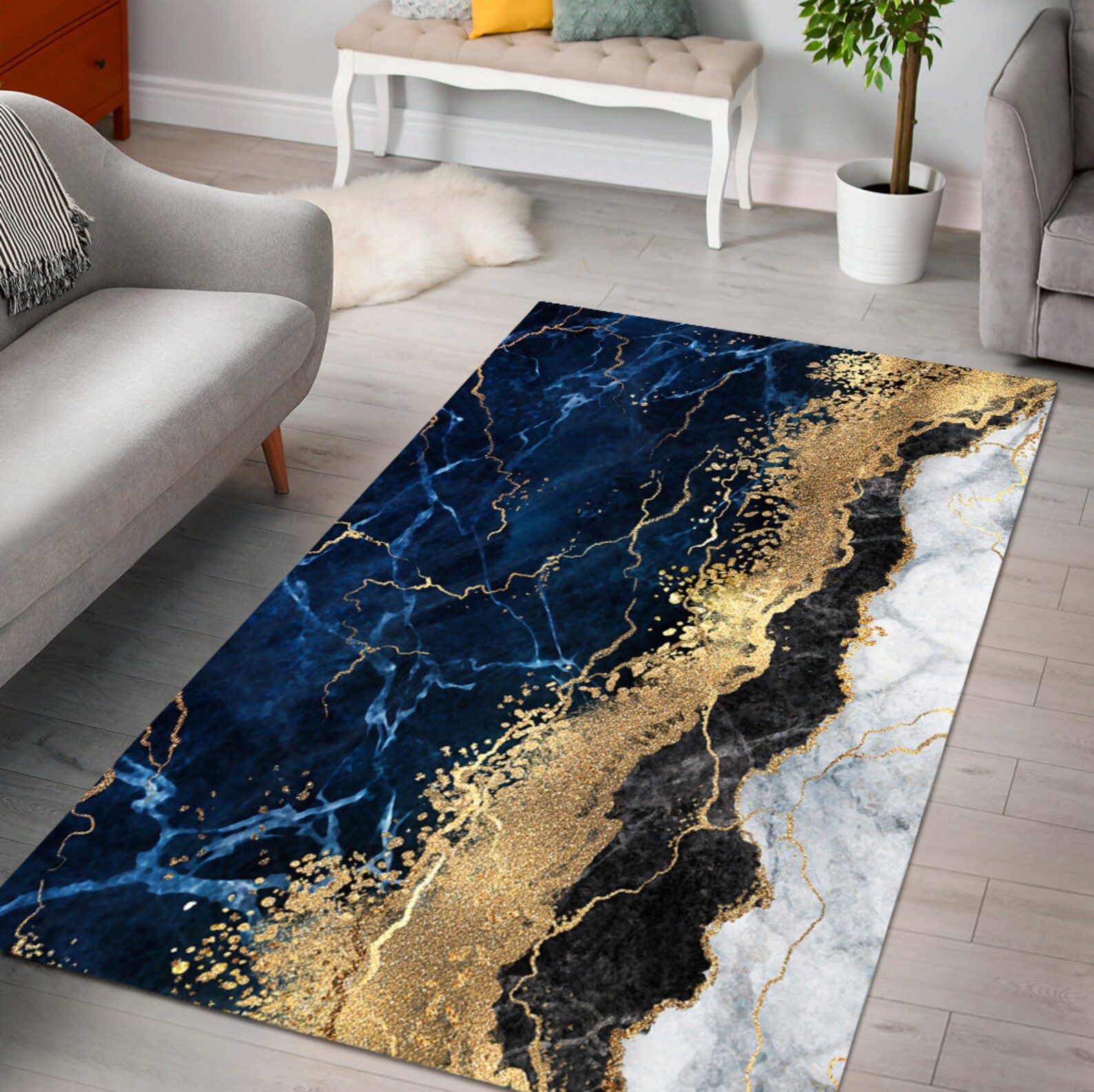 Marineblauer Marmor mit Gold Bereich Teppich abstrakte | Etsy