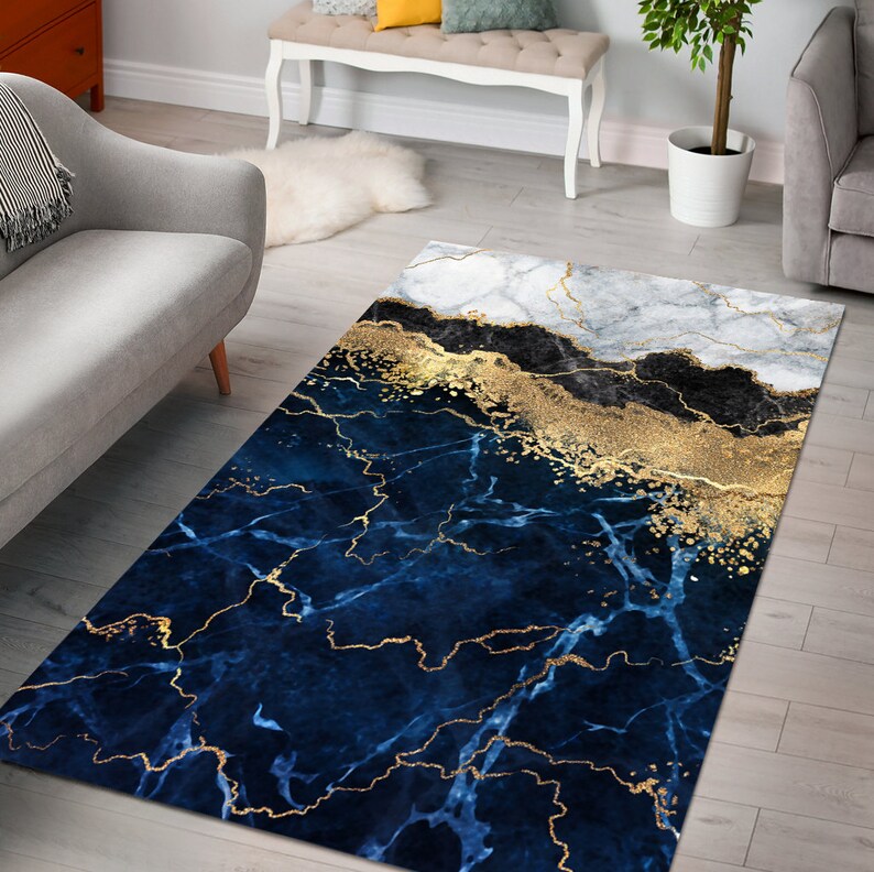 Navy Blue Marble with Gold Area Rug abstract Floor Mat Home Etsy