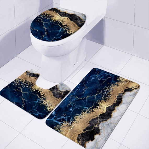 Golden Navy Blue Marble Bathroom 3 Pcs Set Toilet Cover Bath - Navy Blue Toilet Seat Cover Set Golden Navy Blue Marble Bathroom 3 Pcs Set Toilet Cover Bath - Navy Blue Toilet Seat Cover Set