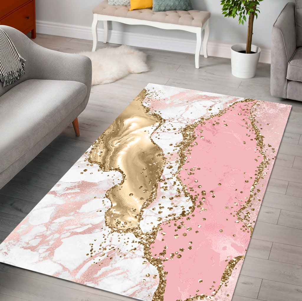 Pink Gold Glitter Abstract Rug Abstract Floor Mat Girls Room Etsy UK