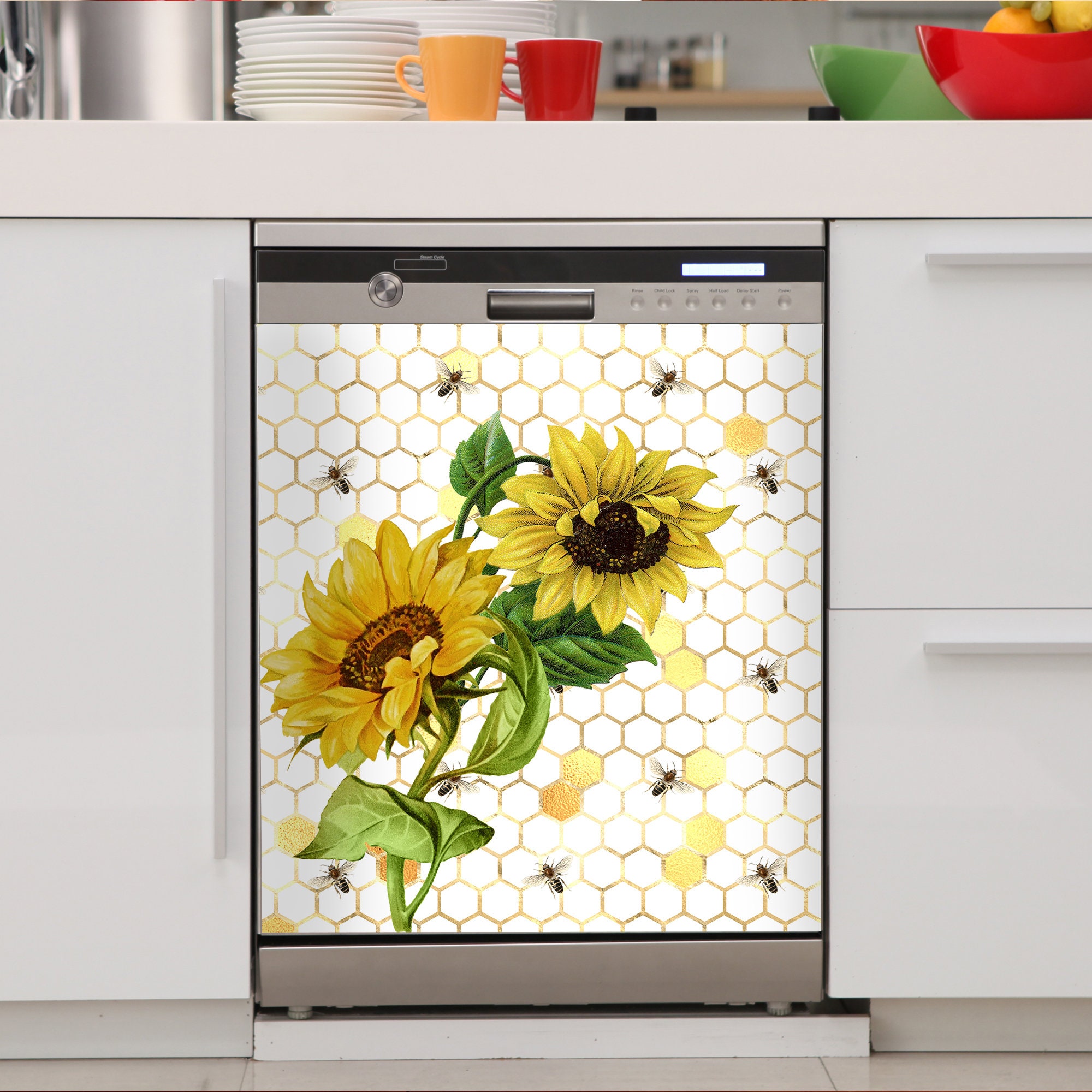 sunflower and bee Magnet Dishwasher Cover, Honeycomb Kitchen Decor