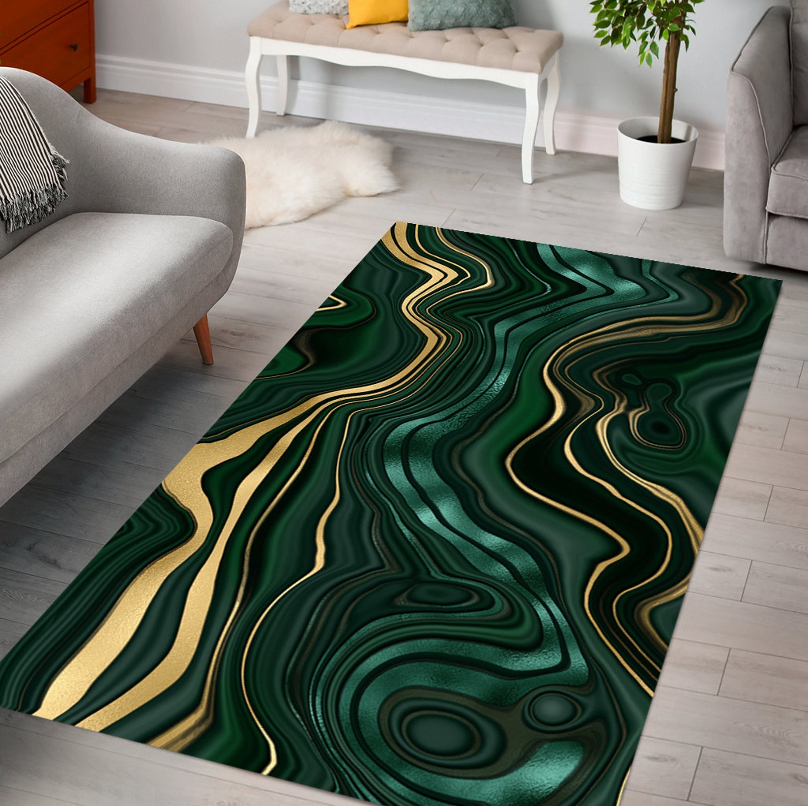 Verde esmeralda con alfombra de área de mármol dorado | Etsy