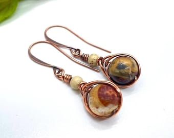 Red Creek Jasper Bead Earrings; Copper Herringbone Weave Earthy Dangles; Wire Wrapped Picasso Jasper Earrings; Lever back option