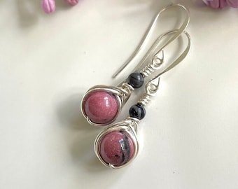 Pink Rhodonite Wire Wrap Earrings; Black and Pink Gemstone Dangle; Silver Herringbone Weave; Bridesmaids Gift; Leverback available