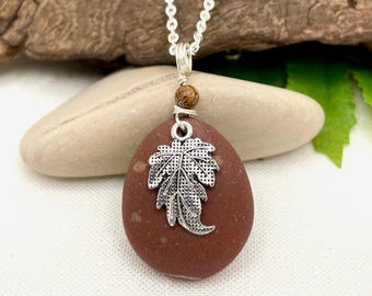 Red Beach Rock Pendant; Oak Leaf Charm; Michigan Rhyolite Stone; Fall Jewelry