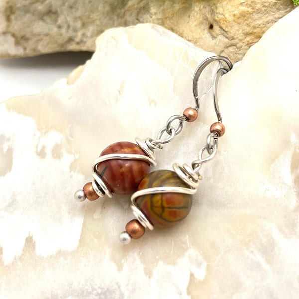 Red Creek Jasper Drop Earrings, Wire Wrapped Bead Dangle Earrings, Earthy Boho Gemstone Earrings, Natural Crystal Jewelry