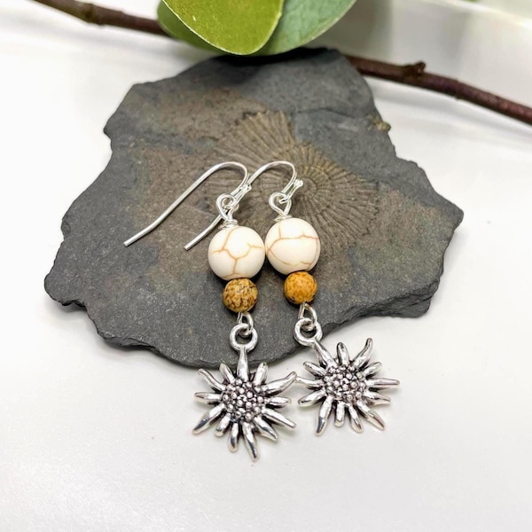 Edelweiss Flower Earrings: Picture Jasper Dangles, Octoberfest Jewelry
