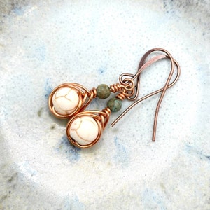 White and Turquoise Wire Wrap Earrings; Copper Herringbone Weave Dangle; Leverback Available;