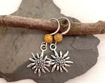 Edelweiss Daisy Gemstone Bead Earrings; Silver Flower and Picture Jasper Dangle Earrings; Alpine Jewelry; October Fest; Garden Lover Gift