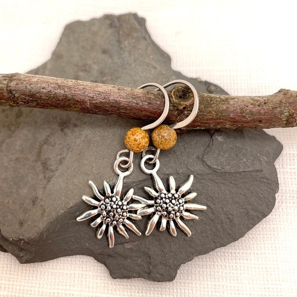 Edelweiss Daisy Gemstone Bead Earrings; Silver Flower and Picture Jasper Dangle Earrings; Alpine Jewelry; October Fest; Garden Lover Gift