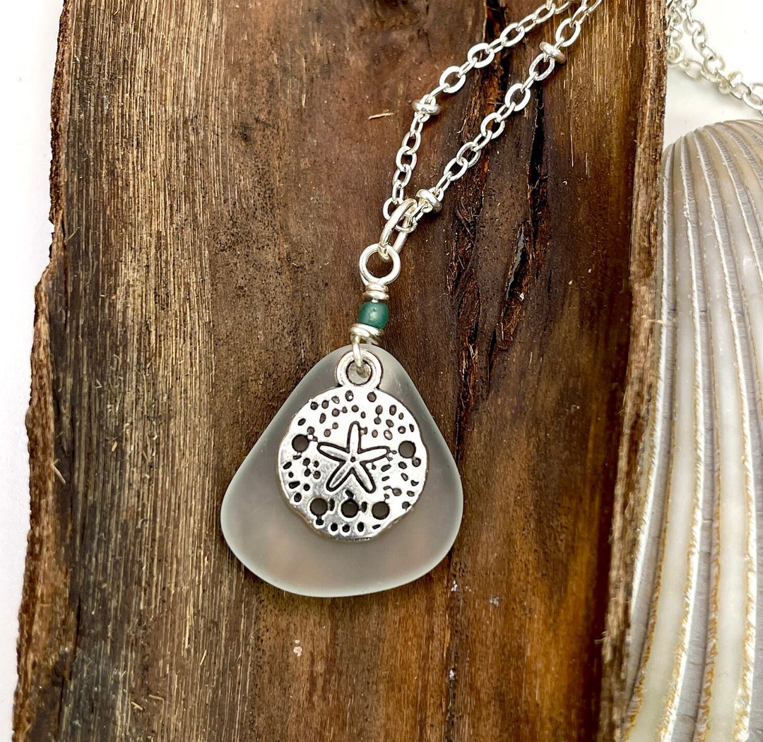 White Frosted Sea Glass Charm Pendant Sand Dollar Charm Beach Glass ...