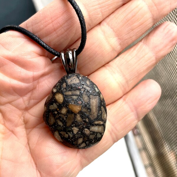 Michigan Pudding Stone Pendant Necklace; Black Conglomerate Pudding Stone; Great Lakes Rock Jewelry; Gift for Rock Hunter; Adjustable Length