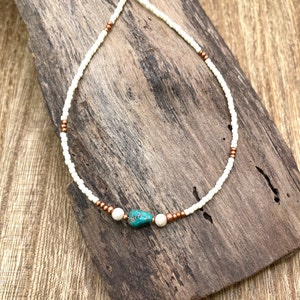 Turquoise and Jasper Gemstone Beaded Necklace, Minimalist Dainty Seed Bead Choker; Cream and Copper Beads; Summer to Fall Jewelry; B3