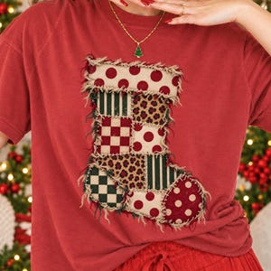 Christmas Stocking PNG, Rustic Red and Green Patchwork, Faux Stitched Fabric Sublimation Design