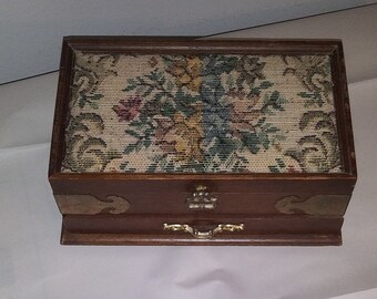 Vintage Jewelry box wood tapestry fabric valet