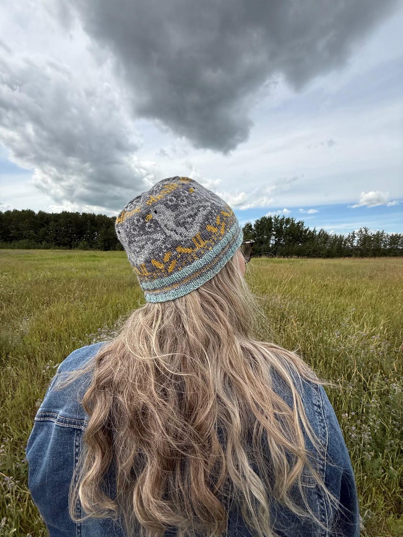 Puede incluir: Un gorro de punto gris con un patr&oacute;n geom&eacute;trico en amarillo y blanco, y un borde azul claro. El gorro se lleva al aire libre en un campo de hierba alta bajo un cielo nublado. La persona que lleva el gorro est&aacute; de espaldas a la c&aacute;mara.