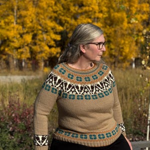 May include: A tan sweater with a patterned yoke and cuffs. The yoke features geometric designs in teal, brown, and white. The sweater has long sleeves and a ribbed hem. The background shows fall foliage.