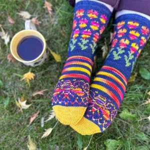May include: A pair of blue and yellow socks with a floral pattern. The socks are knitted with a colorful design featuring pink, red, and yellow flowers.