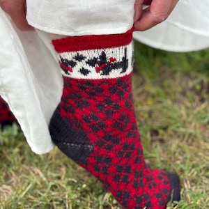 May include: A red and black patterned sock with a black heel and toe. The cuff features a red band and a white section with a black and red design. The sock is being held up by a person wearing a white dress.