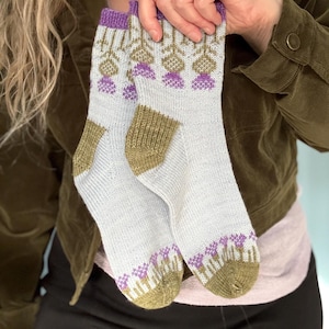 Könnte beinhalten: Ein Paar gestrickte Socken mit hellblauem Grund, olivgrünen Fersen und Zehen. Die Socken haben ein sich wiederholendes Blumenmuster in Lila und Olivgrün an den oberen und unteren Kanten. Die Socken werden von einer Person gehalten.
