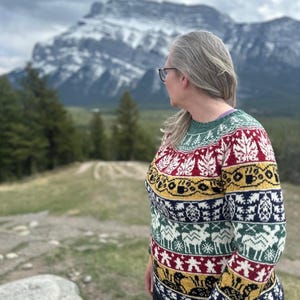 Könnte beinhalten: Ein farbenfroher Pullover mit einem Bergmotiv. Der Pullover hat ein Muster aus Bäumen, Schneeflocken und Tieren in Rot, Weiß, Grün, Gelb und Marineblau. Die Person trägt eine Brille und blickt auf eine Bergkette.