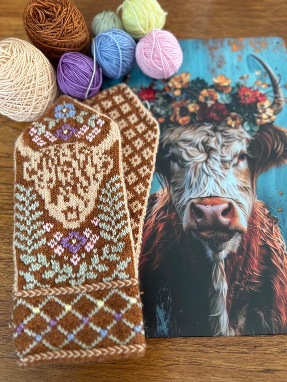 KNITTING PATTERN/ Highland Coo Mittens/ Adult/ Scotland/ Fair Isle/