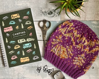 Life's Better In A Tent Beanie Knitting Pattern, Camping Fair Isle Design (PDF Pattern)