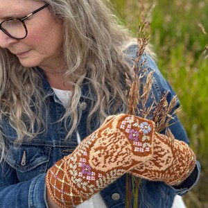 May include: A pair of hand-knitted mittens in shades of brown, tan, and purple. The mittens feature intricate floral and geometric patterns. The cuffs are a darker brown with a diamond pattern. The background is a field of tall grass.