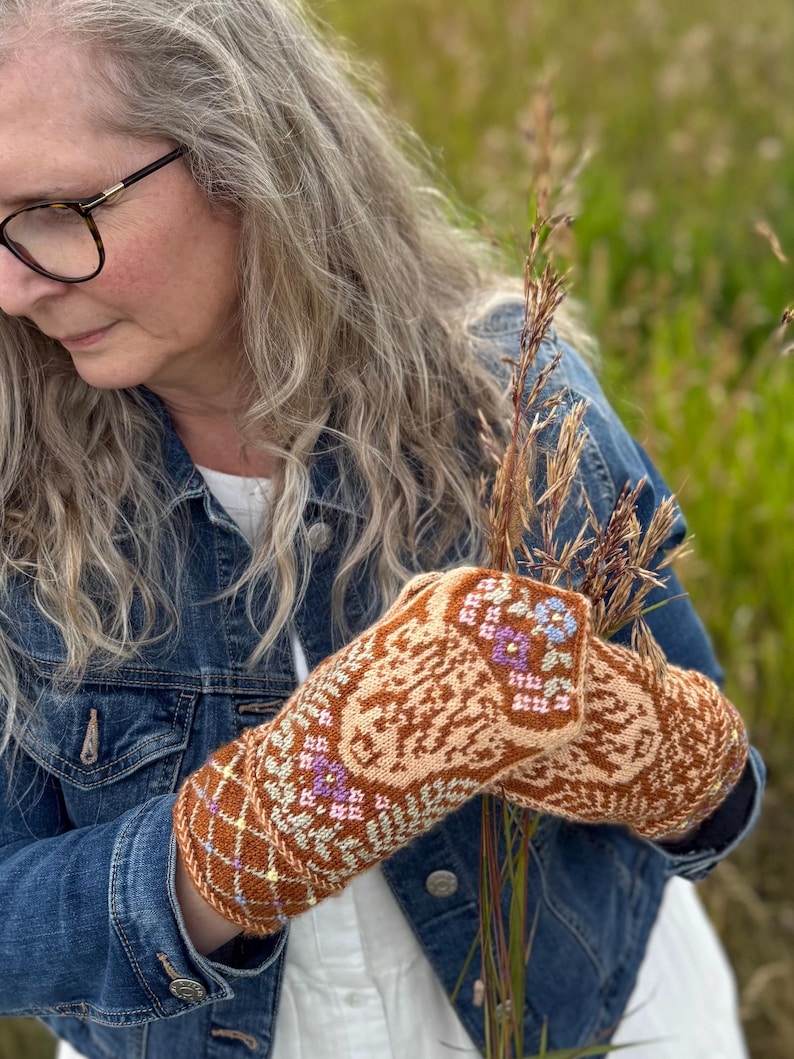 May include: A pair of hand-knitted mittens in shades of brown, tan, and purple. The mittens feature intricate floral and geometric patterns. The cuffs are a darker brown with a diamond pattern. The background is a field of tall grass.