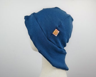 Cappello da sole estivo da bambino KU 46-49 con protezione per il collo in 100% lana-seta riciclata in blu petrolio