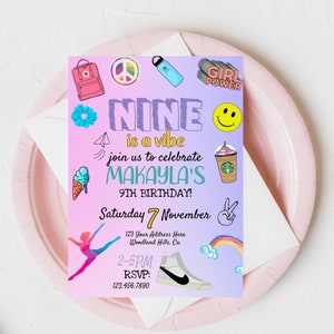 VSCO, girl, NINE is a vibe, Girl party invite, Teen girl birthday invite, Teen party, Teen Birthday, Nine, Any age, Editable, Digital