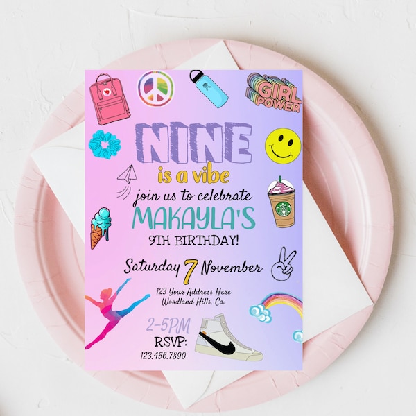 VSCO, girl, NINE is a vibe, Girl party invite, Teen girl birthday invite, Teen party, Teen Birthday, Nine, Any age, Editable, Digital