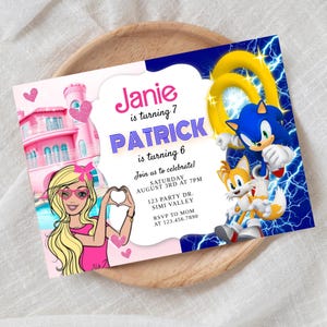 Joint Birthday Invitation: Dolls, Turtles, Spider, Sibling Party (Digital Download 5x7 Card)