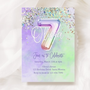 EDITABLE, Seventh Birthday, 7th Birthday invitation, Holographic, Birthday Party invite, Girl Birthday, Digital, Printable, Tie dye, Seven