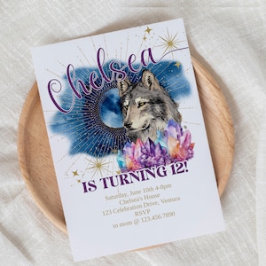 Fête des loups, fête céleste, cristal d'invitation, meute de loups, invitation bohème, nuit étoilée, loup, tout âge, invitation numérique, bohème