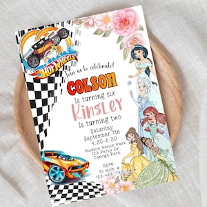 Race Car Princess Joint Birthday Invitation: Sibling Party (Digital, Editable)