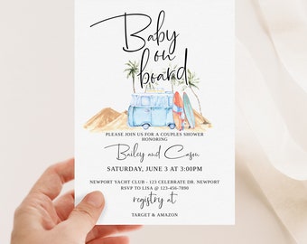 Baby aan boord, zomer babyshower, babyshower, surfbaby, genderneutraal, surfplank babyshower, surfplank babyshower, digitale uitnodiging