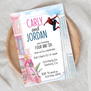 Superhero & Doll Joint Birthday Invitation: Sibling Party (Digital)