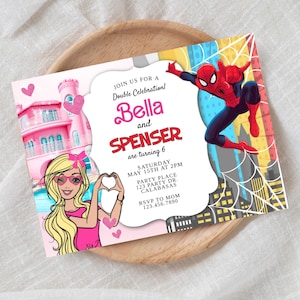 Superhero & Doll Joint Birthday Invitation: Sibling Party (Digital)