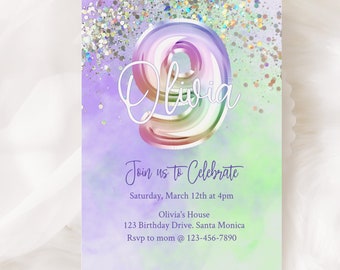 EDITABLE, Ninth Birthday, 9th Birthday invitation, Holographic, Birthday Party invite, Girl Birthday, Digital, Printable, Tie dye, Nine