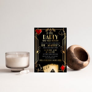 Invitación editable, invitación estilo Gatsby, invitación estilo art déco, invitación estilo flapper, gran Gatsby, misterio de asesinato, locos años veinte, casino, póquer, cartas