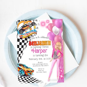 Race Car & Doll Joint Birthday Invitation: Sibling Party (Digital, Editable)